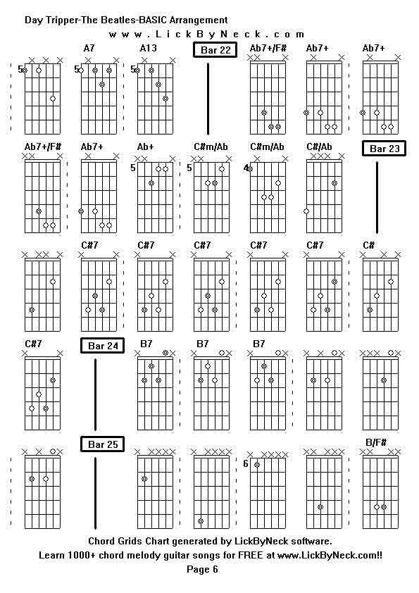 Chord Grids Chart of chord melody fingerstyle guitar song-Day Tripper-The Beatles-BASIC Arrangement,generated by LickByNeck software.